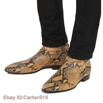 #ad Mens Buckle Snakeskin Printed Chelsea Ankle Boots Real Leather Cowboy Pull on 46