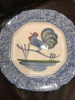#ad Vintage Rooster LA Pottery blue sponge ware plate hand painted