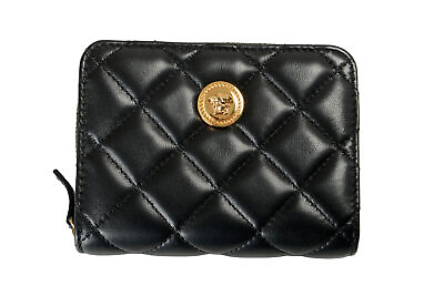 #ad Versace Women#x27;s Black 100% Leather Quilted Zip Around Wallet