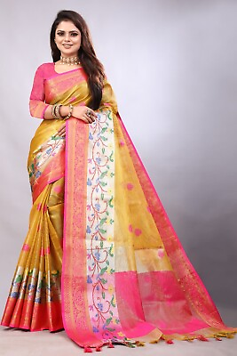 #ad Designer Printed Fancy Yellow Pink Party Wear Cotton Sari amp;Contras Blouse Piece