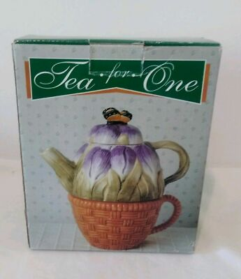 #ad Vintage 3 Piece Purple Flower Ceramic quot;Tea for Onequot; Teapot and Cup Set