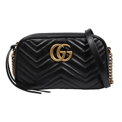 #ad GUCCI GG Marmont Quilted Small Chain Shoulder Bag 447632 Leather Black Black D