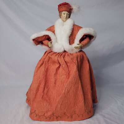 #ad Vintage Christmas Shabby Victorian Woman Tree Topper w Crepe Paper Dress 17”h