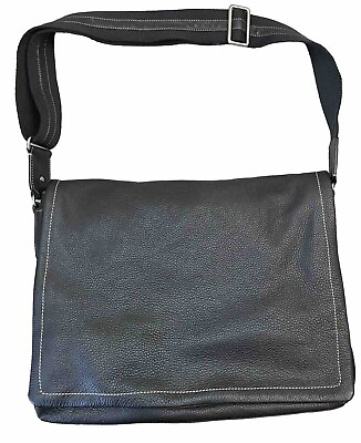 #ad Levenger Bomber Jacket Leather Laptop Messenger Bag Pebble Black Excellent