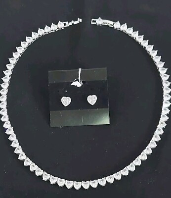 #ad White Heart Shaped Gemstone Sterling Silver Necklace Set Not Stamped