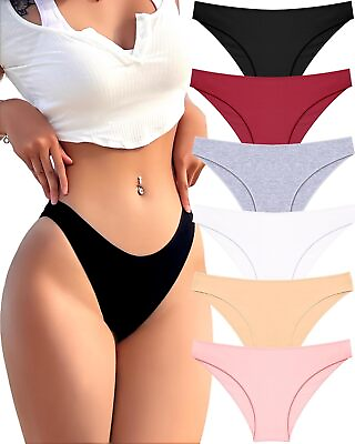 #ad FINETOO 6 Pack Cotton Underwear for Women Cute Low Rise Bikini Panties High Cut