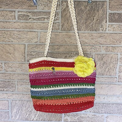 #ad BOHO Colorful Crochet Tote LINA Lined Pockets Summer Beach Bag Purse