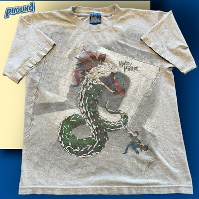 #ad Vintage Harry Potter All Over Print Shirt Mens Small Shirt Rare Gray. Y2K