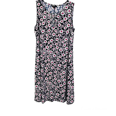 #ad MSK Dress Size Medium Black Pink White Sunflowers Neckline Accents EUC