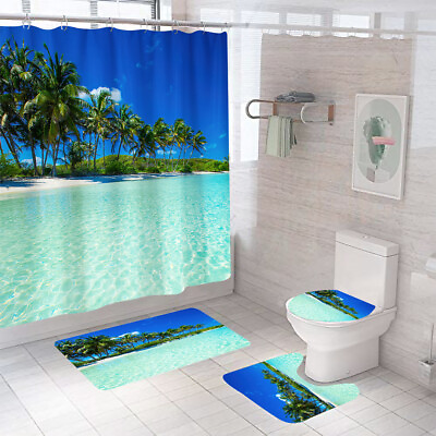 Beach Waterproof Shower Curtain Bathroom Rug Non Slip Bath Mat Toilet Lid Cover $18.73