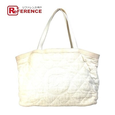 #ad Women#x27;s Chanel Beach Bag Pile Cc Coco Mark Shoulder Tote Cotton Leather White