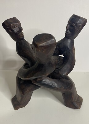 #ad Three Man Statue Wooden Tribal African Art Decor Statue Figure