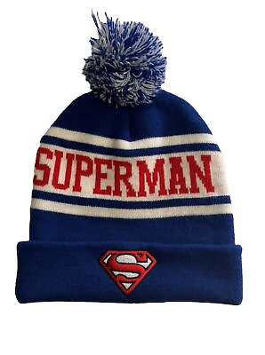 #ad DC Comics Superman Logo Knit Pom Pom Beanie Stocking Cap Ski Hat Size Adult