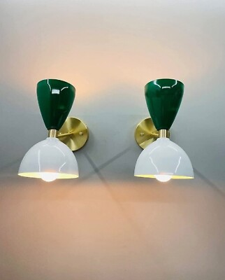 #ad Set Of 2 1950s Italian Diablo Applique Wall Sconce Metal and Brass White
