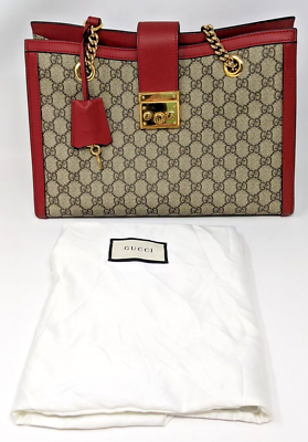 #ad Gucci Women#x27;s Red Beige Padlock GG Medium Shoulder Bag 13.5quot;W x 9quot;H x 6.6quot;D