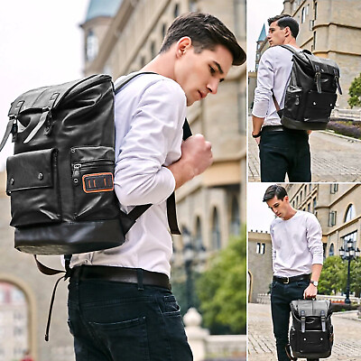 #ad New Fashion Mens PU Leather School Backpack Waterproof Laptop Travel Bag Handbag