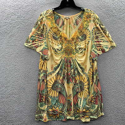 #ad ONE WORLD Blouse Womens 2X Top Floral Short Sleeve Yellow