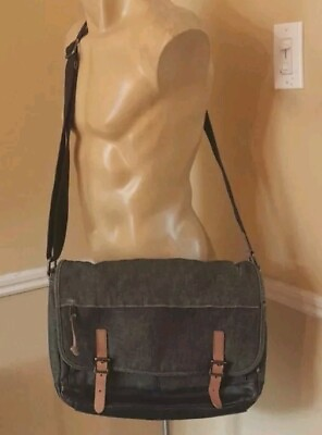 #ad Fossil Field Distressed Large Messenger Bag Black Denim With Leather Trim