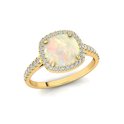 #ad Natural Opal Gemstone Solitaire with Accents White Ring 14k Gold Indian Jewelry