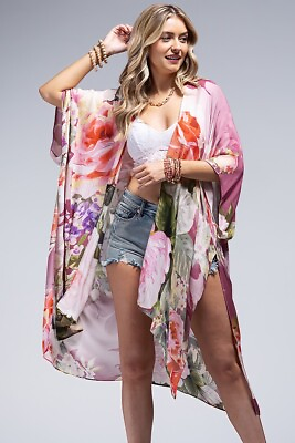 #ad Multi Color Rose Flower Lightweight Kimono