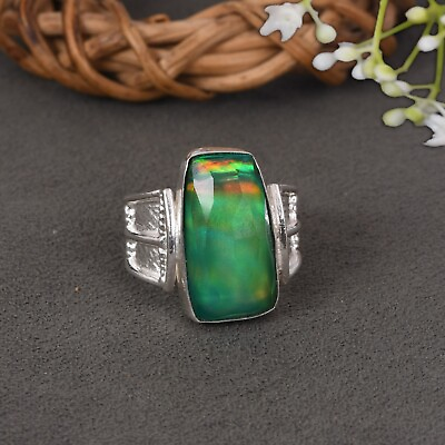 #ad Beautiful Aurora Opal Green Silver Wide Band Dazzle Rings For Anniversary Gift