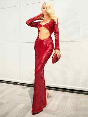 #ad Sexy long sleeved shiny sequin slim fit dress women#x27;s red hollow out long skirt