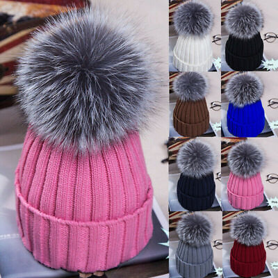 #ad Women Ladies Winter Beanie Ski Warm Knitted Hat Cap with Faux Fur Pom Pom