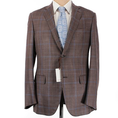 #ad Caruso NWT Silk Linen Wool Blend Sport Coat Size 50 US 40R Brown Blue Windowpane