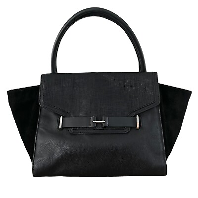 #ad Vince Camuto Handbag Leather Shoulder Bag Black Suede Sides Zip Up
