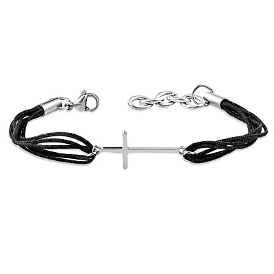 #ad Stainless Steel Silver Tone Black Cord Religious Cross Bracelet