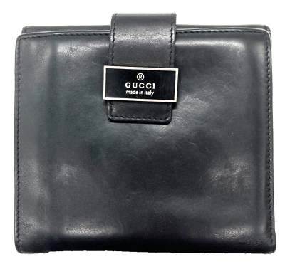 #ad GUCCI Bifold wallet GUCCI LOGO silver Black leather From JAPAN X03 0014