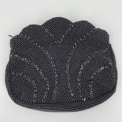 #ad Vintage La Regale Clutch Beaded Black Evening Bag Purse Sequins Zip Top CLEAN