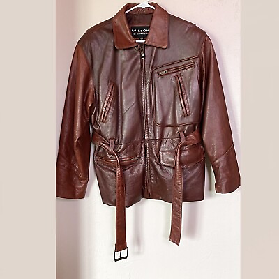#ad Vintage Wilsons Men’s Leather Motorcycle Jacket S Brown Belted Biker Zip Up
