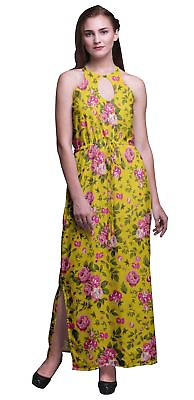 #ad Bimba Floral Ladies Crew Neck Waist String Print Maxi Dress Slits Wear FL 1P