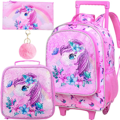 #ad Rolling Backpack for Girls Boys Kids Roller Wheels School Bookbag with Lunch Ba