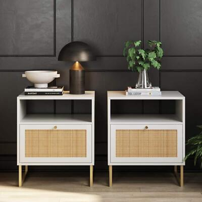 #ad Nathan James Nightstand Accent Table W Rattan Storage Door White Gold 2 Set