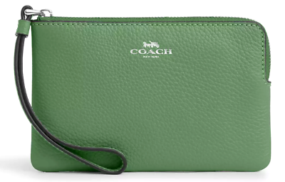 #ad 💚 Coach Corner Zip Wristlet Soft Green SV Pebble Leather NWT CP483 💚