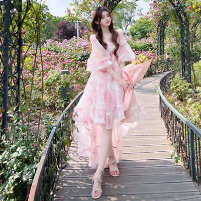 #ad Women Princess Floral Sweet Dress Puff Sleeve Fairy Dress Long Beach Party Dress