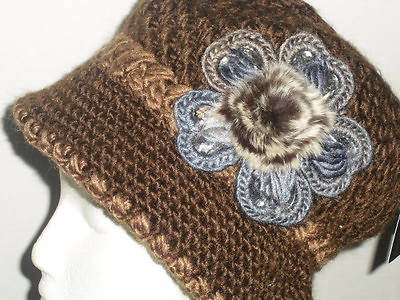 #ad BROWN Knitted Hat 3D Diamond Flower Women Winter Crochet Fashion Fall Beanie
