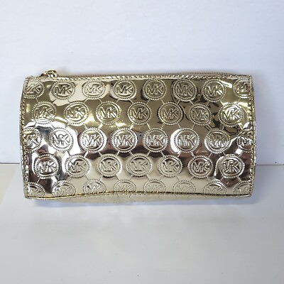 #ad Michael Kors Cosmetic Case Pouch Medium Bag Logo Gold Metalic Zip Around Glam