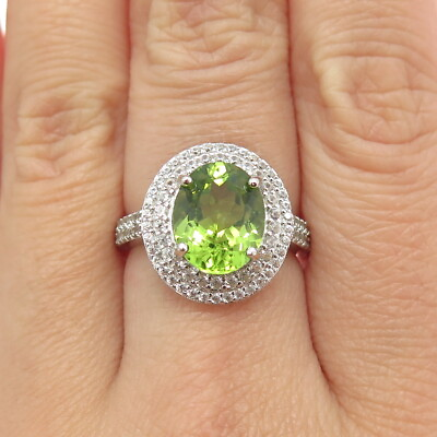 #ad 925 Sterling Silver Real White Topaz amp; Peridot Gemstone Ring Size 7