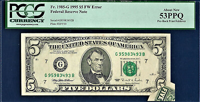 #ad 1995 $5 FW Error Pre Back Print Foldover Error PCGS 53 PPQ Over Fold US Banknote