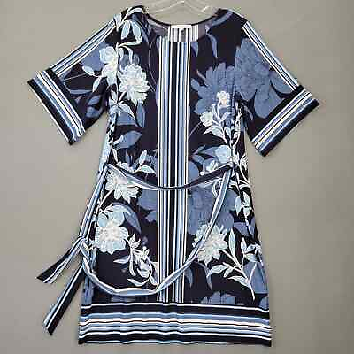 #ad Studio One Women Dress Size M Blue Stretch Midi Boho Floral Short Sleeve Preppy