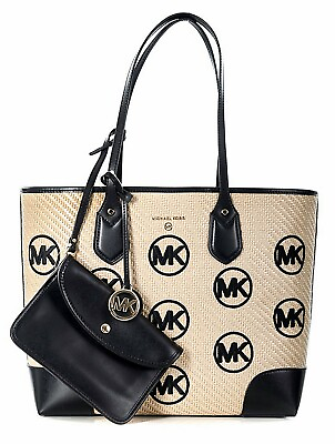 #ad Michael Kors Women#x27;s Bag Shopper Eva Straw Woven LG Tote Bag Black Multi New