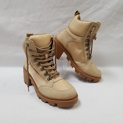 #ad Just Fab Anastazia Tan Canvas Lace Up Chunky Heel Combat Utility Boots Sz 6.5