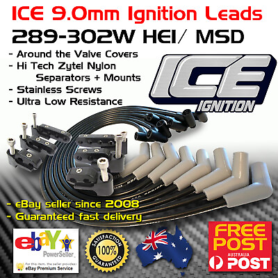 #ad ICE 9mm Ignition Leads V8 289 302 Windsor Around R Covers Black HEI MSD Mounts