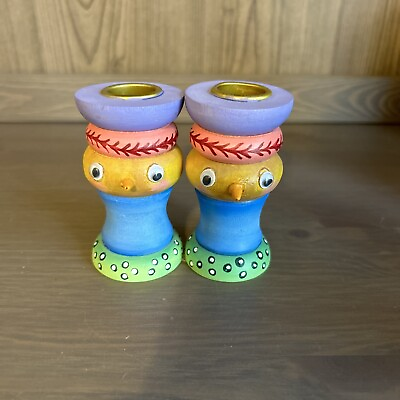 #ad Hand painted Wooden Candlestick Holders
