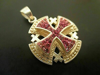 #ad Lab Created Ruby Pink Cross Pendant Yellow Gold Plated Silver 1.50 Ct Round Cut
