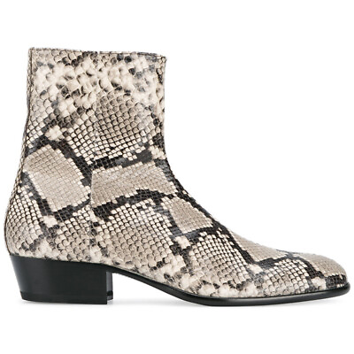 #ad Men#x27;s Real Leather Chelsea Ankle Boots High Mid Heel Snakeskin Printed Shoes Zip