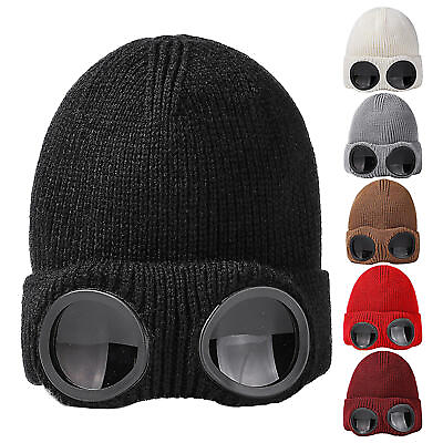 #ad Men Women Winter Knitted Hat With Goggles Beanie Ski Thermal Warm Hat